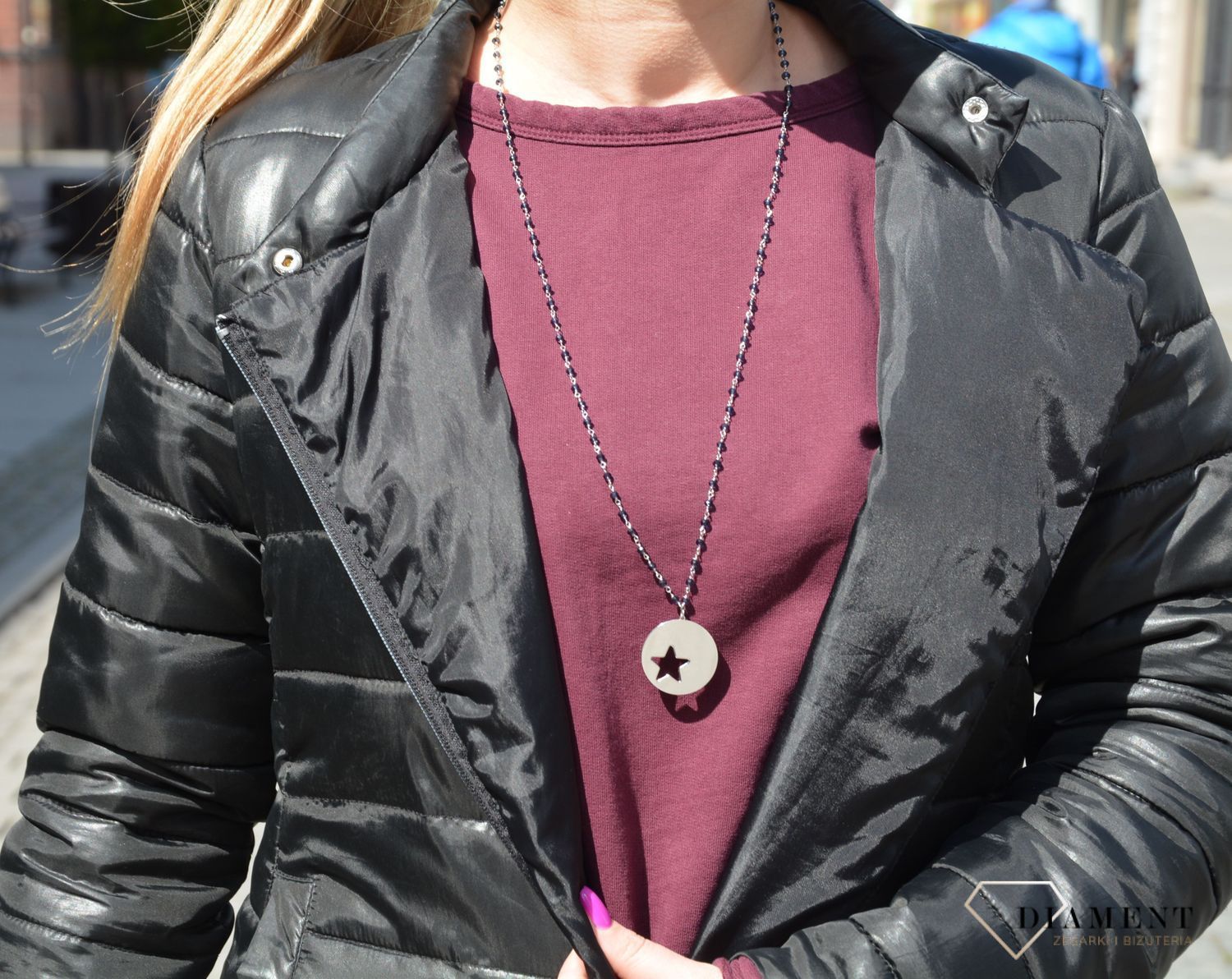 Długi naszyjnik srebrny koraliki z okrągłą blaszką Dall'Acqua ✓Naszyjnik srebrny kółeczko.jpg